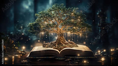 an open book with tree growing out of it.Magical Vibe.