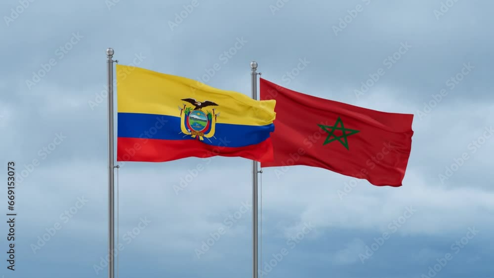 Morocco flag and Ecuador flag waving together on cloudy sky, endless seamless loop, two country relations concept Morocco flag and Ecuador flag waving together on cloudy sky, endless seamless loop, two country relations concept