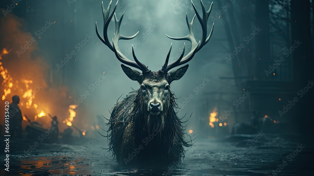 a deer standing in the middle of a forest with lots of fire coming out ...