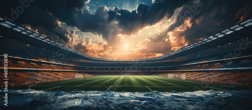 Football Stadium Background. When the weather is rainy, the sky is cloudy photo