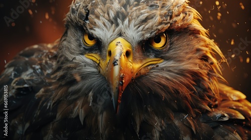  a close up of a bird of prey with a yellow and black beak and yellow eyes and a black background with drops of water all over the top of its head.  generative ai photo