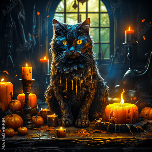 Magic and mystery - The black cat's domain. Legends whispered in the glow of pumpkins and the gaze of a black cat. Its mesmerizing golden eyes contrast its dark, ragged fur.
