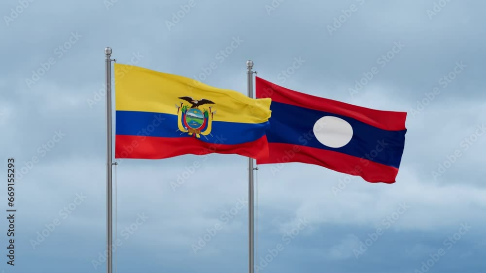 Laos flag and Ecuador flag waving together on cloudy sky, endless seamless loop, two country relations concept Laos flag and Ecuador flag waving together on cloudy sky, endless seamless loop, two country relations concept