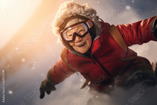 Asian Female Elderly Winter Boarder Stomping Setting Generative AI photo