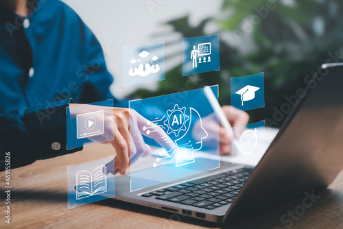 Education technology and AI Artificial Intelligence concept, Women use laptops, Learn lessons and online webinars successfully in modern digital learning,  Courses to develop new skills photo