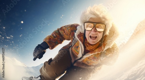 Caucasian Female Elderly Snowboarder Ridin Concept Generative AI