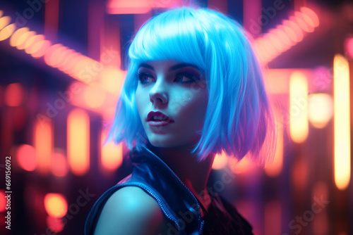 Cinematic Close Up Portrait of a Young Cosplay Model Wearing Futuristic Clothes, Striking Makeup and a Short Blue Wig, Female Enjoying a Beautiful Night Life Scenery in a Neon High Tech City © alisaaa