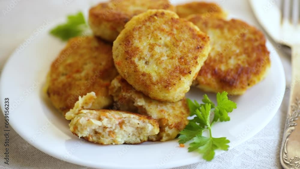 Cooked fried fish cutlets in a plate with herbs, on a light wooden table. Cooked fried fish cutlets in a plate with herbs, on a light wooden table.