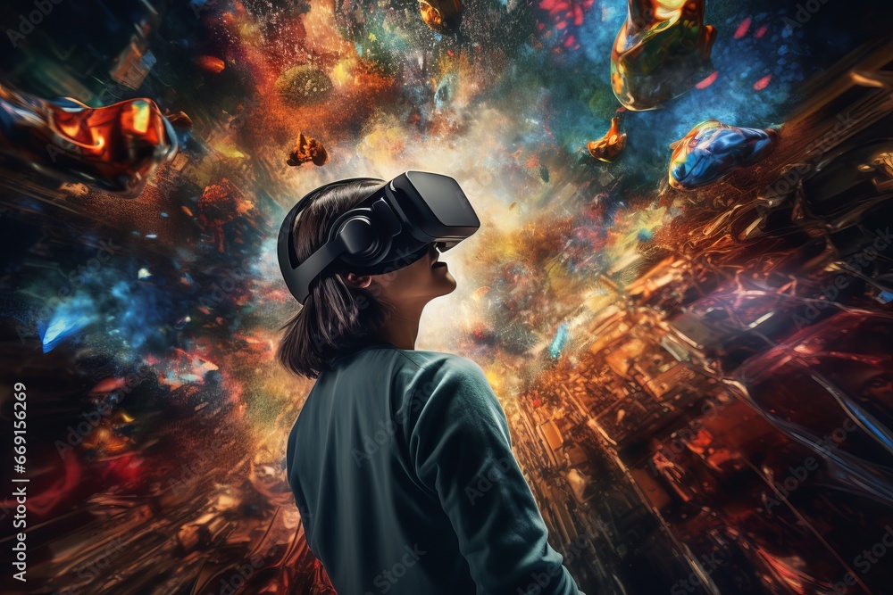 An abstract representation of a person immersed in a VR headset, exploring a world of limitless possibilities, capturing the essence of virtual reality's role in shaping the future An abstract representation of a person immersed in a VR headset, exploring a world of limitless possibilities, capturing the essence of virtual reality's role in shaping the future