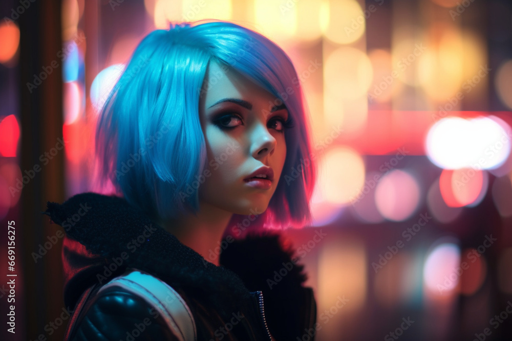 Cinematic Close Up Portrait of a Young Cosplay Model Wearing Futuristic Clothes, Striking Makeup and a Short Blue Wig, Female Enjoying a Beautiful Night Life Scenery in a Neon High Tech City