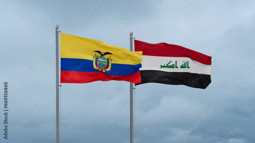 Iraq flag and Ecuador flag waving together on blue sky, looped video Iraq flag and Ecuador flag waving together on blue sky, looped video