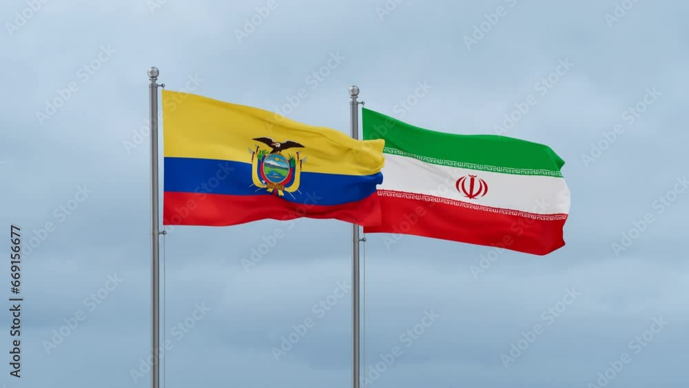 Iran flag and Ecuador flag waving together on blue sky, looped video Iran flag and Ecuador flag waving together on blue sky, looped video