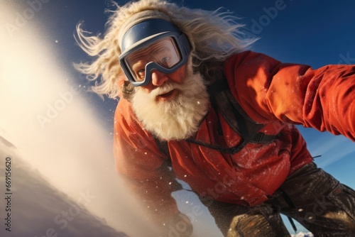 Caucasian Male Elderly Snowboarder Stomping Setting Generative AI photo