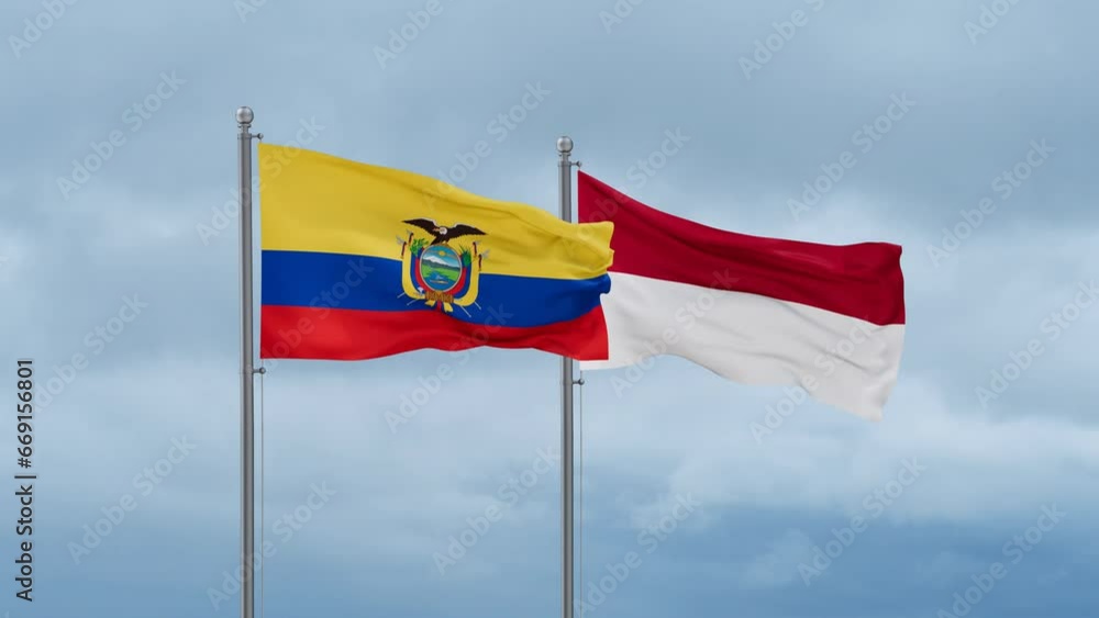 Indonesia flag and Ecuador flag waving together on cloudy sky, endless seamless loop, two country relations concept Indonesia flag and Ecuador flag waving together on cloudy sky, endless seamless loop, two country relations concept