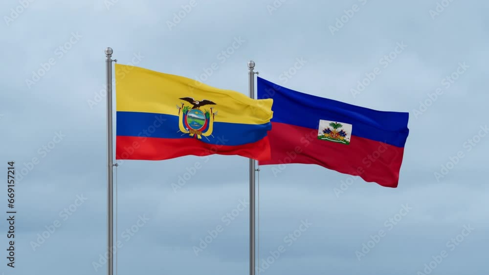Haiti flag and Ecuador flag waving together on cloudy sky, endless seamless loop, two country relations concept Haiti flag and Ecuador flag waving together on cloudy sky, endless seamless loop, two country relations concept