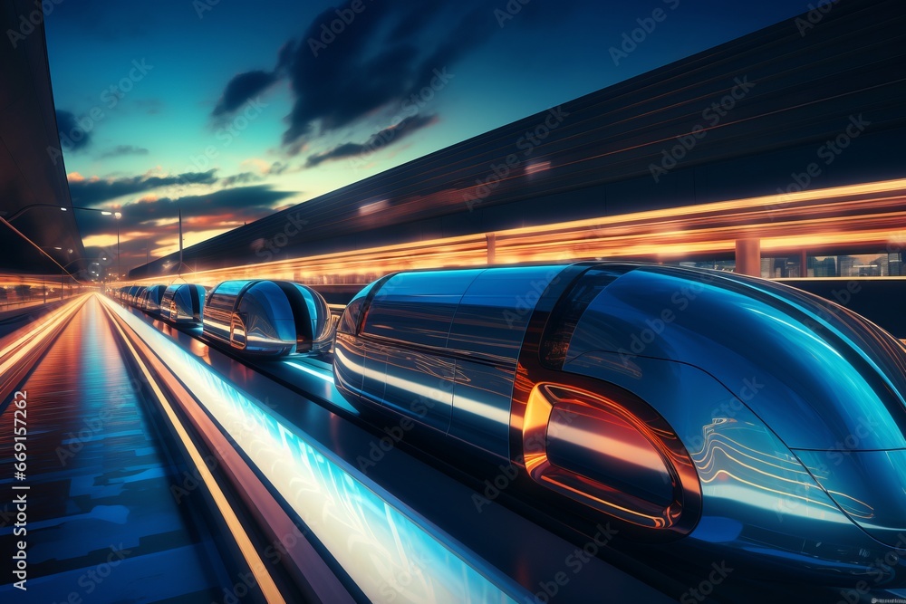 An abstract representation of futuristic transportation modes, including hyperloop and autonomous vehicles, illustrating the future of transportation and mobility
