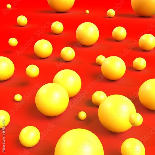 3d render yellow balls on red background. 3d illustration yellow balls background