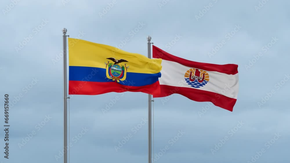 French Polynesia flag and Ecuador flag waving together on cloudy sky, endless seamless loop, two country relations concept French Polynesia flag and Ecuador flag waving together on cloudy sky, endless seamless loop, two country relations concept