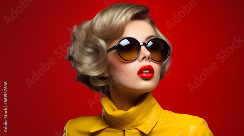 modelos con gafas de sol y estilo de los años 60 sobre fondos rojos y amarillos