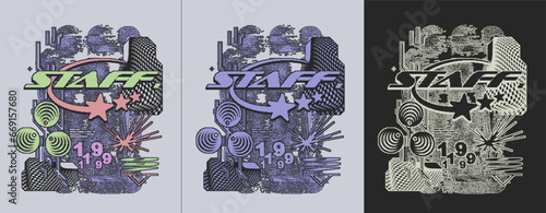 Abstract retro futuristic poster. Modern pixel prints with dither effect. Typography vector posters