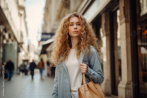 A stylish young girl on the street carrying a bag after shopping generative ai