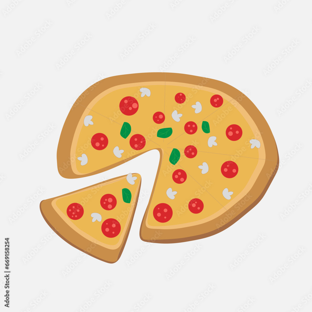 Hot tasty pepperoni pizza. Junk fast food. Pizzeria delivery. Flat vector graphic illustration. Yummy Italian meal. People order dinner concept. Takeaway snack. Pizza picture. Many slices fragrant eat Hot tasty pepperoni pizza. Junk fast food. Pizzeria delivery. Flat vector graphic illustration. Yummy Italian meal. People order dinner concept. Takeaway snack. Pizza picture. Many slices fragrant eat