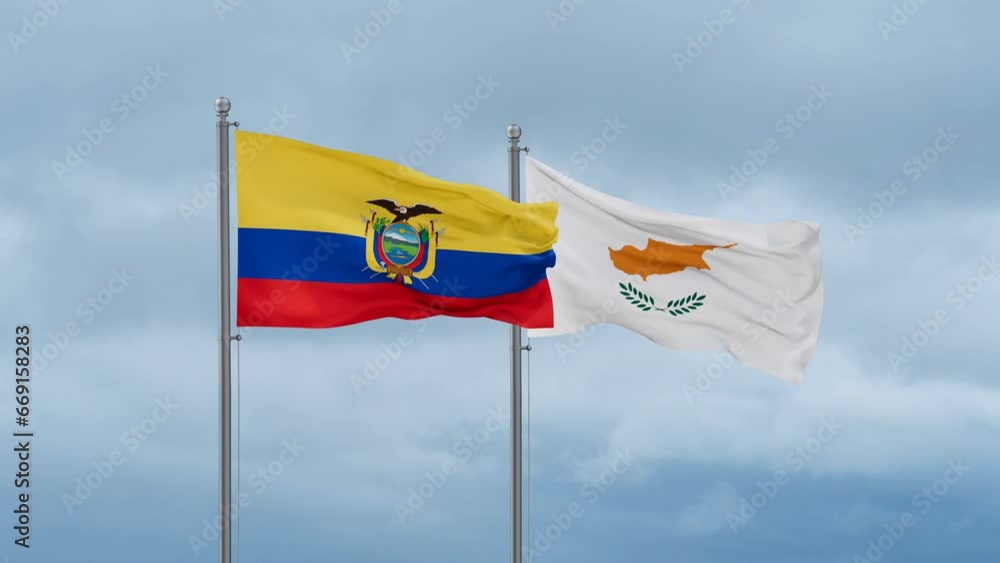 Cyprus flag and Ecuador flag waving together on cloudy sky, endless seamless loop, two country relations concept Cyprus flag and Ecuador flag waving together on cloudy sky, endless seamless loop, two country relations concept
