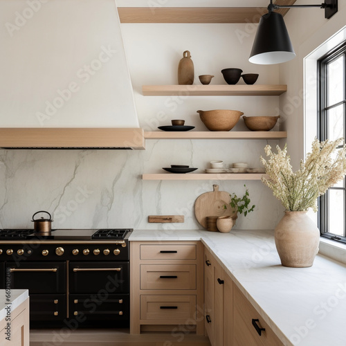 plastered hood, white oak shelving, beige cabinets, marble countertops, black fixtures kitchen