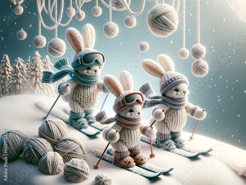 Bunnies in winter attire ski on a snowy terrain. Floating yarn balls, whimsical trees, and pompoms create a magical, frosty scene with a blue hue.