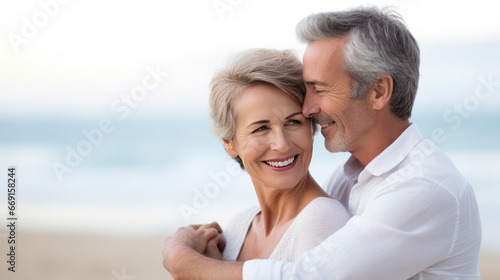 A middle-aged couple hugs while walking along the evening beach. A mature couple whose love grows stronger over the years, nurtured by wonderful shared experiences. Photo with copy space.