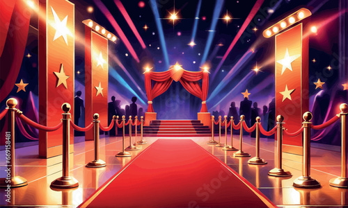 red carpet and stage with lights and curtains. 3 dred carpet and stage with lights and curtains. 3d stage with red carpet and lights for ceremony