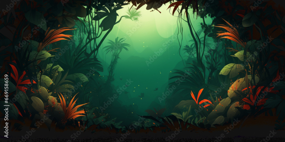 Abstract illustration of a jungle with light coming in at the center.