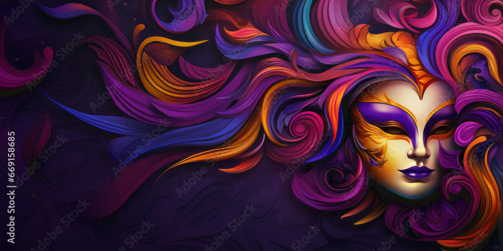 Abstract illustration of a mardi gras theme in purple highlights. 