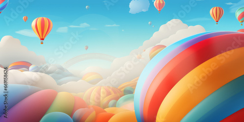Abstract illustration of hot air balloons floating over a surreal landscape. 