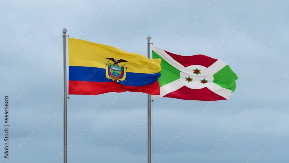 Burundi flag and Ecuador flag waving together on cloudy sky, endless seamless loop, two country relations concept Burundi flag and Ecuador flag waving together on cloudy sky, endless seamless loop, two country relations concept