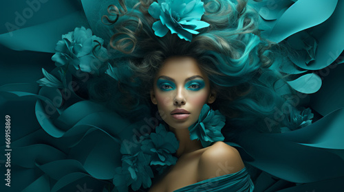 Art Portrait of attractive girl with long hair in aquamarine color tone. Young woman with beautiful face and aquamarine makeup looking to the camera. Aquamarine color concept. Fantasy art composition