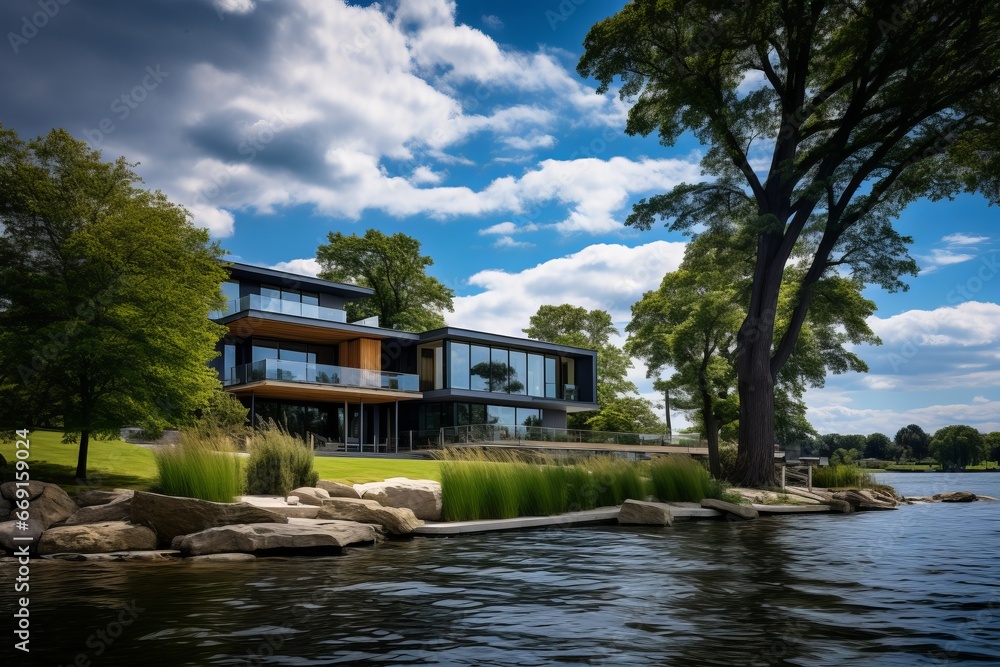 An architectural portrayal of a waterfront property, illustrating the integration of architecture with nature and scenic beauty