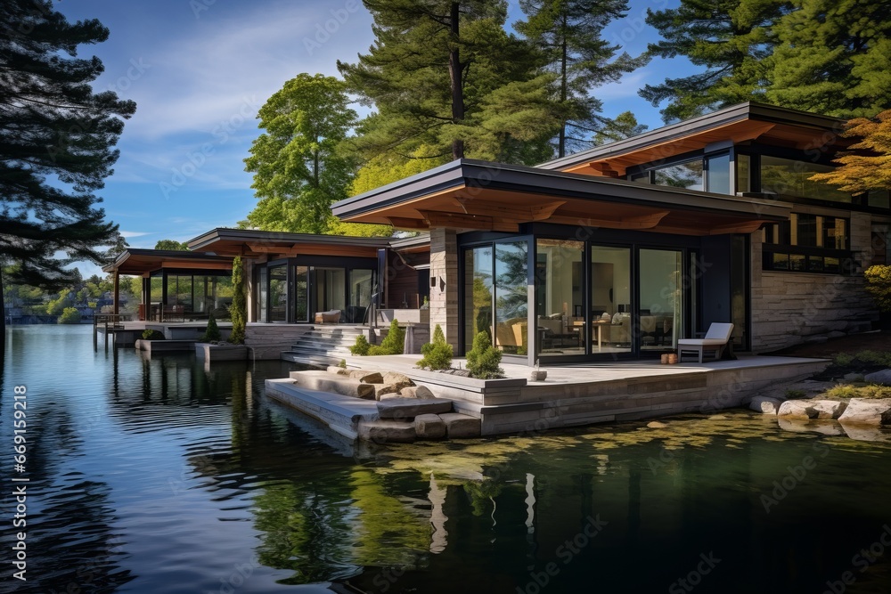 An architectural portrayal of a waterfront property, illustrating the integration of architecture with nature and scenic beauty