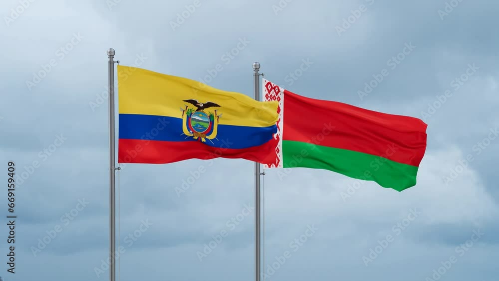 Belarus and Ecuador flag waving together on cloudy sky, endless seamless loop, two country cooperation concept Belarus and Ecuador flag waving together on cloudy sky, endless seamless loop, two country cooperation concept