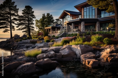 An architectural portrayal of a waterfront property, illustrating the integration of architecture with nature and scenic beauty
