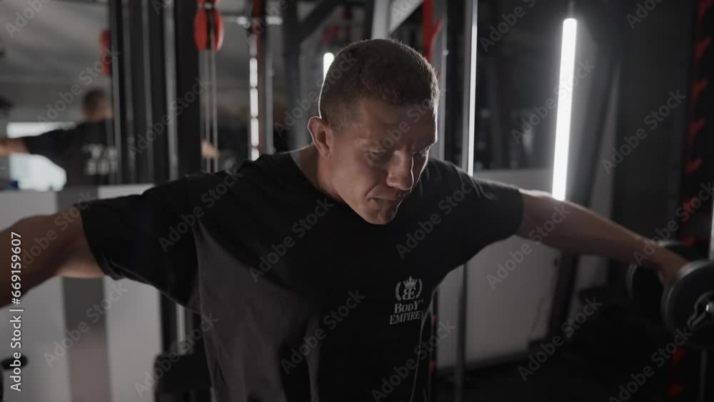 Pumped-up man is training in gym. Bodybuilder pumping with dumbbells, exercise machines, barbell Pumped-up man is training in gym. Bodybuilder pumping with dumbbells, exercise machines, barbell