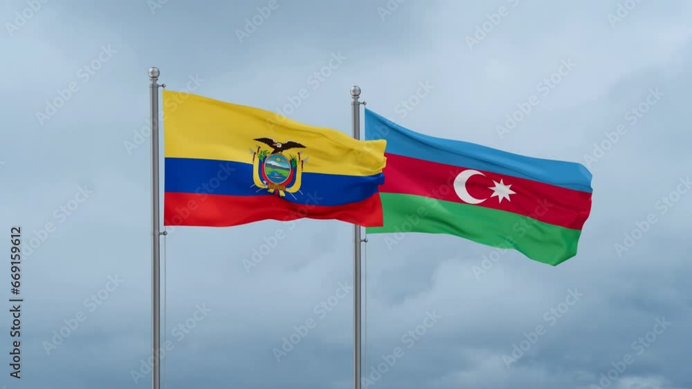 Azerbaijan and Ecuador flag waving together on cloudy sky, endless seamless loop, two country cooperation concept Azerbaijan and Ecuador flag waving together on cloudy sky, endless seamless loop, two country cooperation concept