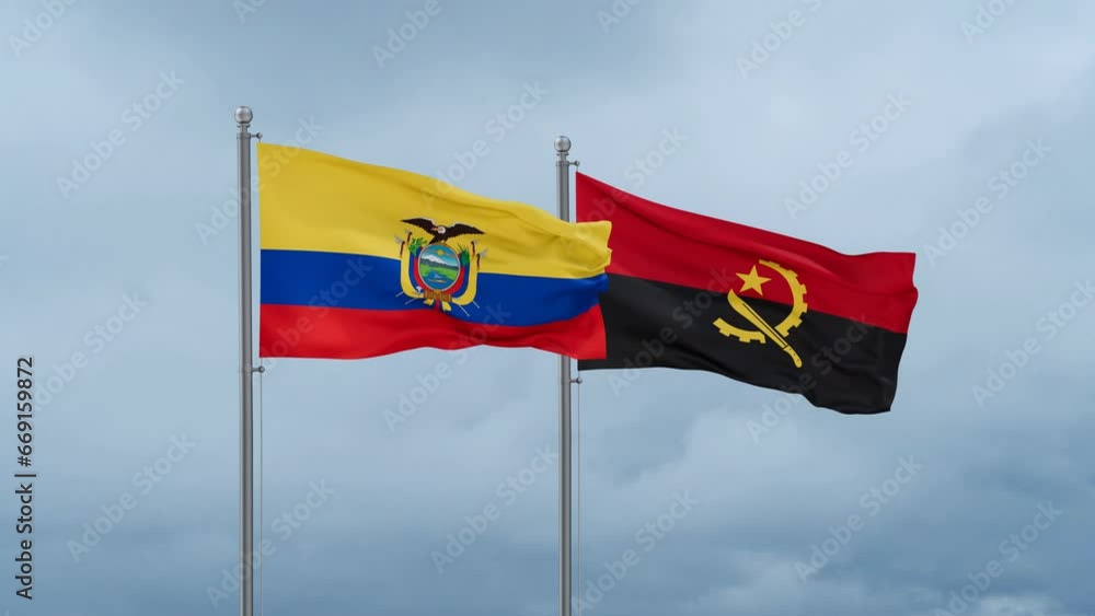Ecuador flag and Angola flag waving together on cloudy sky, endless seamless loop Ecuador flag and Angola flag waving together on cloudy sky, endless seamless loop