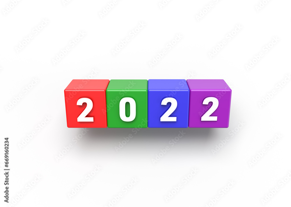3d colored cubes and number 2022 on white background. 2022 render illustration 3d colored cubes and number 2022 on white background. 2022 render illustration