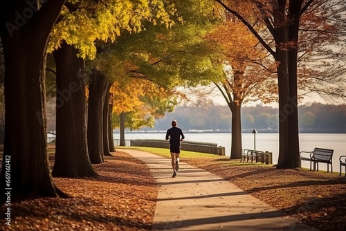 An image of an individual jogging through a scenic park  encapsulating the commitment to a healthy lifestyle through regular exercise and outdoor activities