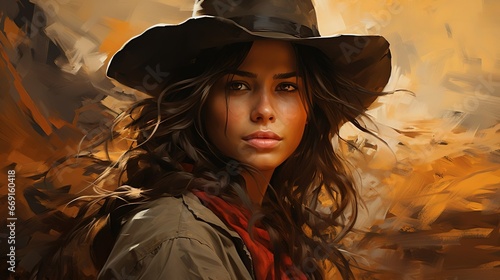 A beautiful young cowgirl in a hat, created with Generative AI technology. photo