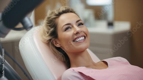 Smiling patient in the dentist's chair. Ai genrative