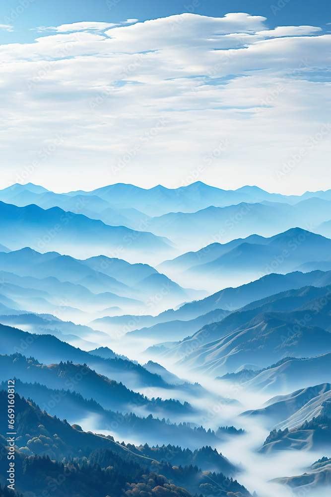 Beautiful wallpaper shades of blue in the blue mountains. Landscape, fog over mountain peaks.