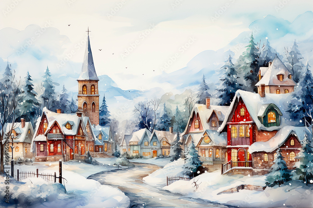 Watercolor card in blue shades, winter old town with cozy houses, snowdrifts.