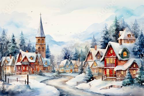 Watercolor card in blue shades, winter old town with cozy houses, snowdrifts. © Katerina Bond